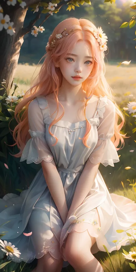 1girl, 独奏, Light pearl dress, Below the knee, field, Pastel colors, Peach-colored hair, hair in the wind, Daisy Branch Contract, Young trees, Lilac eyes, freckle, full lips, long wavy hair