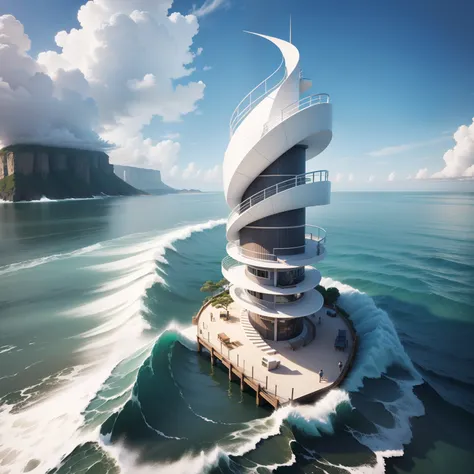 Modern wind tower , small tower , high detail , wave wall , curve surface , white