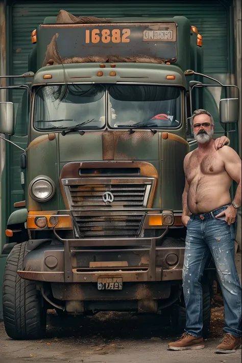 (((Dois Caminhoneiros de 60 anos beijo gay))), (beijo apaixonado, hugging, boca na boca, olhos fechados apaixonados, corpos gordos, full-bodied truck driver on the left, wearing a messy mustache and wavy hair, White stubble and truck driver, jeans, no meio...