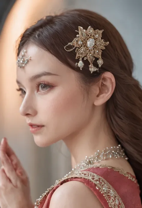 Works of masters，high detal，8K分辨率，in a panoramic view，exquisite facial features，s the perfect face，Glowing skin，femele，goddes，Watery eyes，serious，Hair over the shoulder，Behind your ears，ribbons，Ribbon trim，silber hair，Summer dress，shawl，bare-legged，are sta...