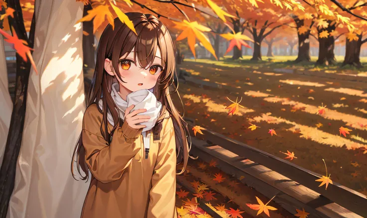 (MKSKS style, Detailed background:1.1), Nanashi_mummy, feather, Solo, Brown shirt, Brown hair, Long hair, comfy, (Outdoors, spring (season), Autumn:1.3), Long sleeves,