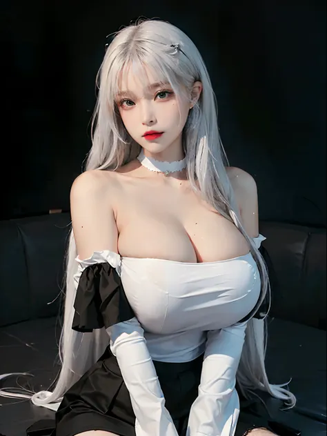 best quality, ultra high res, (photorealistic:1.4), 1girl, off-shoulder white shirt, black tight skirt, black choker, (faded ash white hair:1), (gigantic breasts, large breasts, huge breasts:1.4), looking at viewer, full body shot,