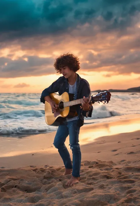 a beautiful young man 17 years old, with curly hair, playing the guitar on a beautiful beach with a sea of ​​crystalline waters