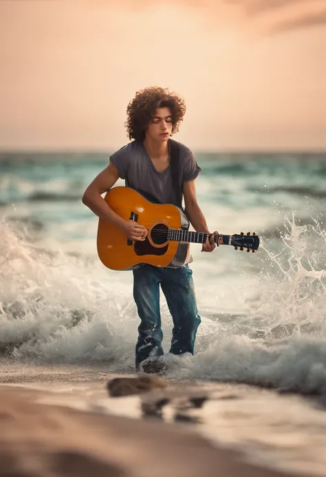 a beautiful young man 17 years old, with curly hair, playing the guitar on a beautiful beach with a sea of ​​crystalline waters