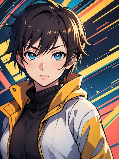 a close up of a person wearing a jacket and a yellow jacket,orenge eyes,complex details beautiful and delicate eyes, anime style portrait, made with anime painter studio, makoto shinkai art style, makoto, sayori, by Kamagurka, by Kamisaka Sekka, semirealis...