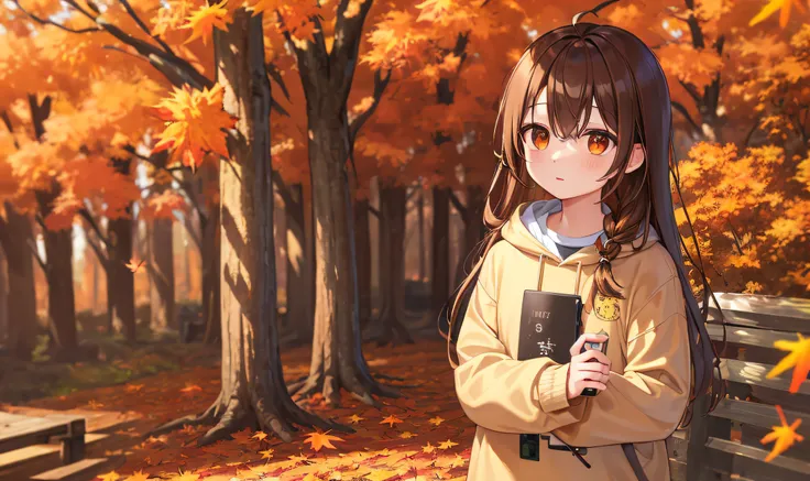 (MKSKS style, Detailed background:1.1), Nanashi_mummy, feather, Solo, Brown shirt, Brown hair, Long hair, comfy, (Outdoors, spring (season), Autumn:1.3), Long sleeves,