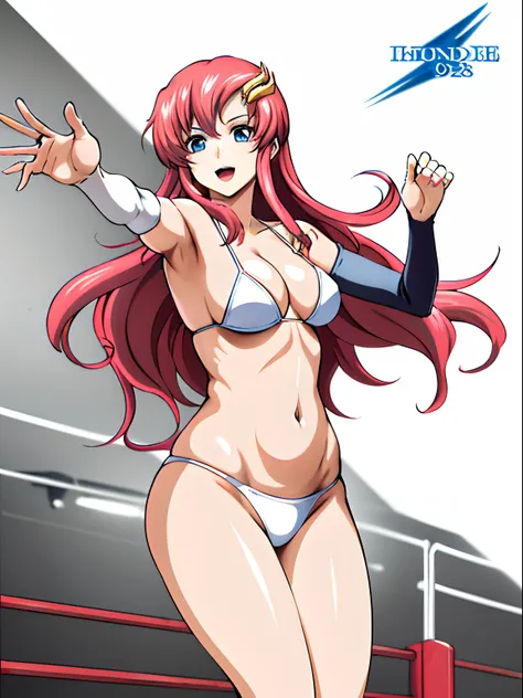 (masutepiece, 4K, Best Quality, Anime style: 1.9, (Solo), High color saturation, (wrestling ring background, wrestling stage), Detailed face, tall, Adult Woman, lovely, (White background), high resolution, Anime, lacus4. (White micro bikini with pink desig...