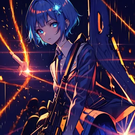 1 girl, solo, young girl, teenager, narrow head, short azure hair, blue eyes glowing red, angered expression, gold hair ornament, white and blue school uniform, long skirt, pointing tip of gun at viewer, zoomed out, very dim lighting, rainy night, dark pic...