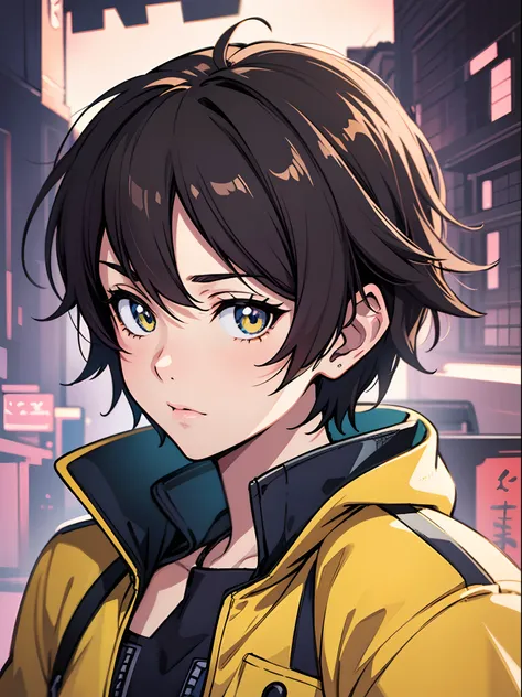 a close up of a person wearing a jacket and a yellow jacket,((orenge eyes,))complex details beautiful and delicate eyes, anime style portrait, made with anime painter studio, makoto shinkai art style, makoto, sayori, by Kamagurka, by Kamisaka Sekka, semire...