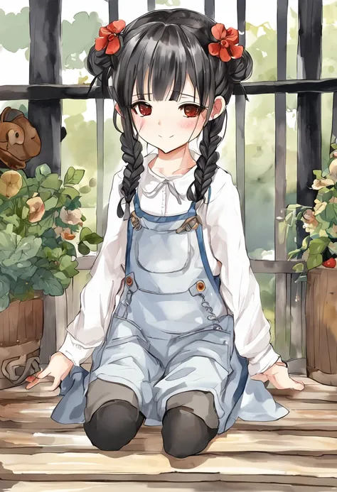 1girl,overalls,solo,one eye closed,twin braids,braid,v,smile,black hair,open mouth,shirt,female child,black eyes,looking at viewer,twintails,full body,long sleeves,chibi,