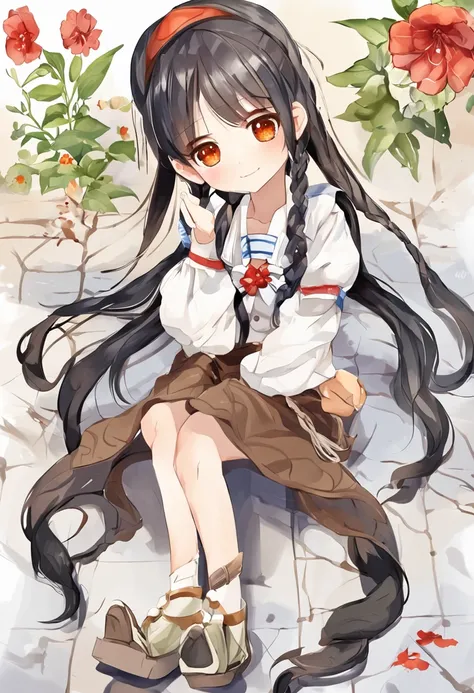 1girl,overalls,solo,one eye closed,twin braids,braid,v,smile,black hair,open mouth,shirt,female child,black eyes,looking at viewer,twintails,full body,long sleeves,chibi,