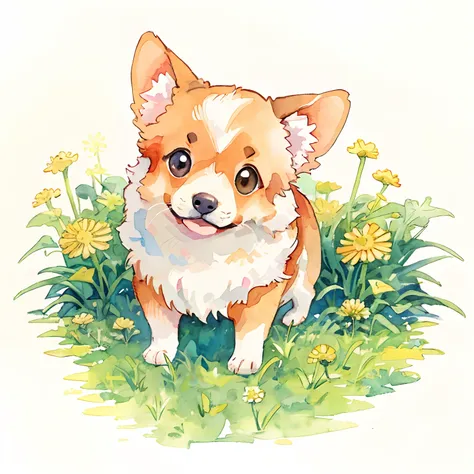 corgi:1.5、cute little、big eye、fluffy fur、simple background、watercolor paiting、dandelion