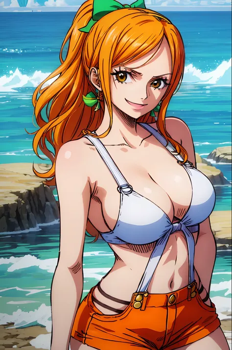 nami_\(one_piece\), 1girl, solo, standing, (large breasts), orange, (orange overalls), (orange overall_shorts), (white bikini_to...