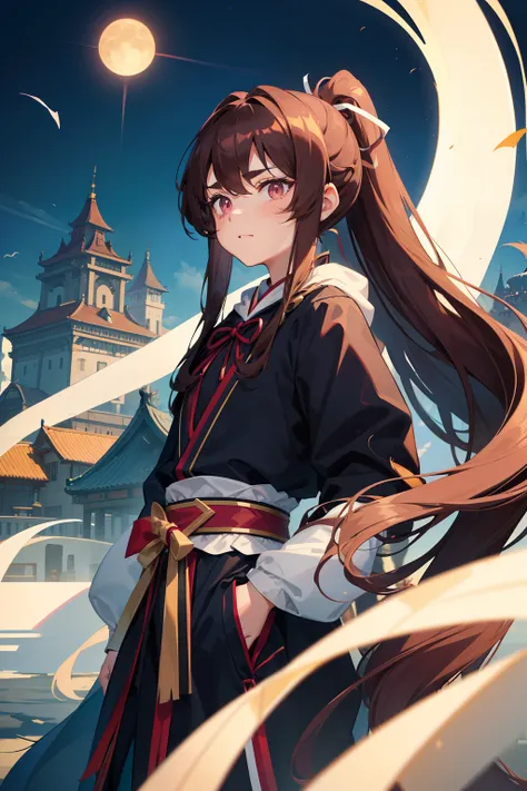 Long brown hair in a ponytail with a very long ribbon, dark pink eyes, thick eyebrows, one boy, young boy, handsome, navy blue half-sleeved cheongsam, white haori with hood, blue sky, Shanghai landscape, castle