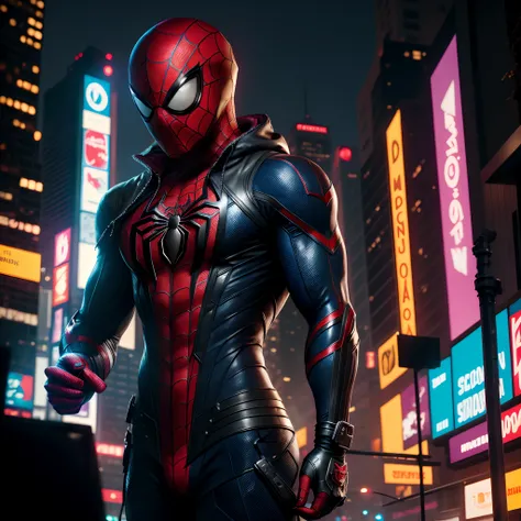 Spider - Man in a leather suit standing in a town at night, Estilo futurista Homem-Aranha, hero pose colorful city lighting, Armadura Samurai Completa Homem-Aranha, 8k render", Miles Morales, Retrato do Homem-Aranha, Miles Morales!!!, spider - estilo de ar...