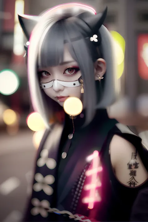 bob cuts、an eye patch、、Twin-tailed、goth_punk, 1girl in, 独奏, medium shot, Walking in Harajuku, ((during night)), bokeh dof, Neon light, Iridescent eyes, starrysky, red glowing hair, White eyebrows, Radiant hair, (iridescent white hair), 耳Nipple Ring, bangss...