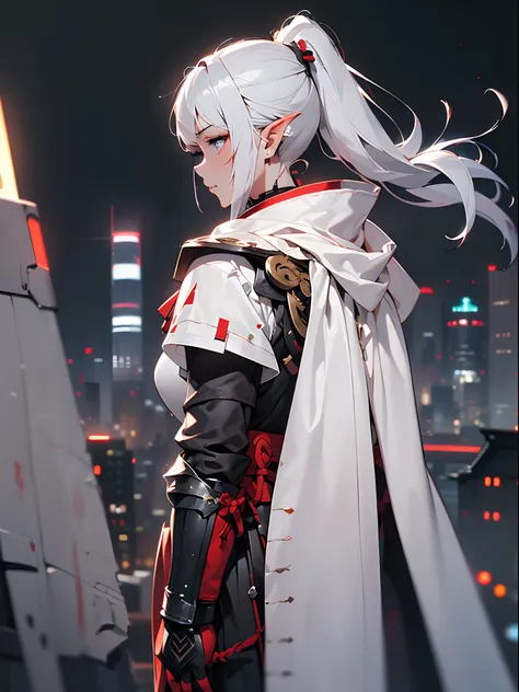 ((jpn)),((Best Quality)),((Beautifully painted)),((hight resolution)),1girl in,Beautiful Elven Daughter,((onmyouji)),((suikan)),((White cloak with red decoration)),Luminescent bushy silver-haired ponytail,Shining eyes,(((black cyber gauntlet and glove))),n...