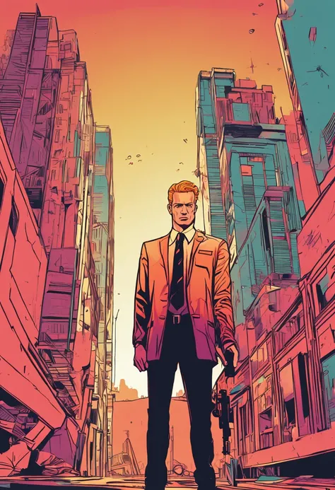 (multicolored_hair+red hair:1.2+yellow hair:1.1)Sit in front of a golden skyscraper，Holding a gun，The face is firm，sharp looking eyes，Dressed in a black suit，The sky behind him shone with the orange afterglow of the setting sun。