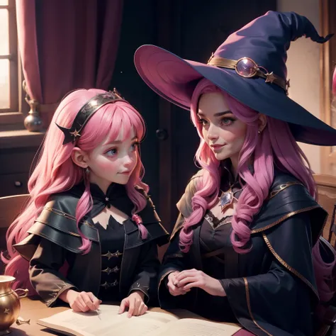 A witch grandma and her witch granddaughter, in a room, discussing something, sparkling pictures, high quality pictures, pretty faces, sparkling pink, granddaughter with long hair