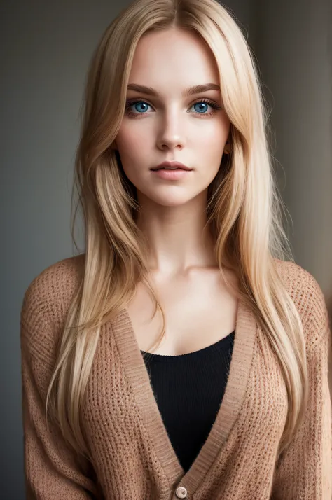 Aesthetic artwork, a finnish woman, blonde hair, black eyes, straight hair, flushed cheeks, full lips, mischievous gaze, light brown skin, short pule sweater, sexy build,