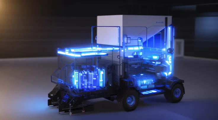 Close-up of a vehicle with a large number of equipment, hydrogen fuel cell vehicle, depicted as a 3 d render, highly photographic render, Frostbite 3 engine rendering, cybertruck, Imagens DMT. rendering by octane, rendered in cgi, rendering of the windigo,...