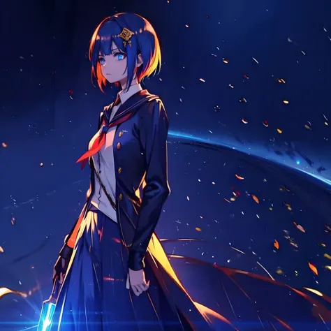 1 girl, solo, young girl, teenager, narrow head, short azure hair, blue eyes glowing red, angered expression, gold hair ornament, white and blue school uniform, long skirt, zoomed out, very dim lighting, rainy night, dark picture, cliff, tree on the side