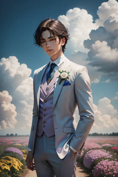 Handsome boy standing among flowers，Surrounded by colorful clouds，Dressed in a suit，Flowers buried in clouds，Fashion magazine photography，High realism，romanticism lain，nffsw，16k Ultra HD，SMC Pentax 75mm f2.8AL