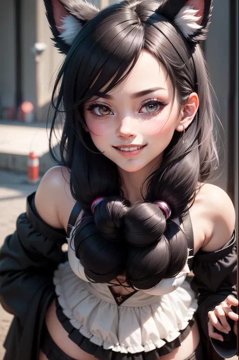 black hair, hair bobbles, wince, longeyelashes, solid circle eyes, fake animal ears, light smile, ear blush, fang, Surrealism, drop shadow, anaglyph, stereogram, tachi-e, pov, atmospheric perspective, 8k, super detail, ccurate, best quality