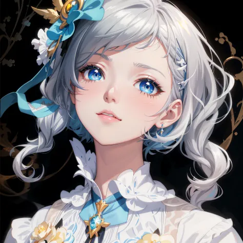 Anime girl with white hair and blue eyes in a blue dress, detailed portrait of an anime girl, Detailed digital anime art, Guweiz in Pixiv ArtStation, Guweiz on ArtStation Pixiv, Stunning anime face portrait, a beautiful anime portrait, Guviz-style artwork,...