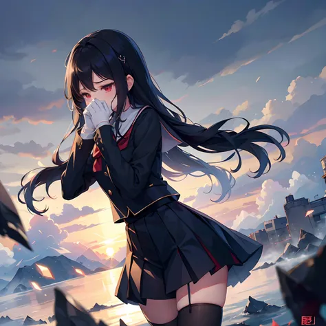 tmasterpiece，best qualtiy，Correct limbs，Girl covering her mouth，is shy:1.5，Be red in the face:1.5，JK school uniform，emaciated，a black pleated skirt，black lence stockings，thin very long legs，18year old，High school seniors，school ground