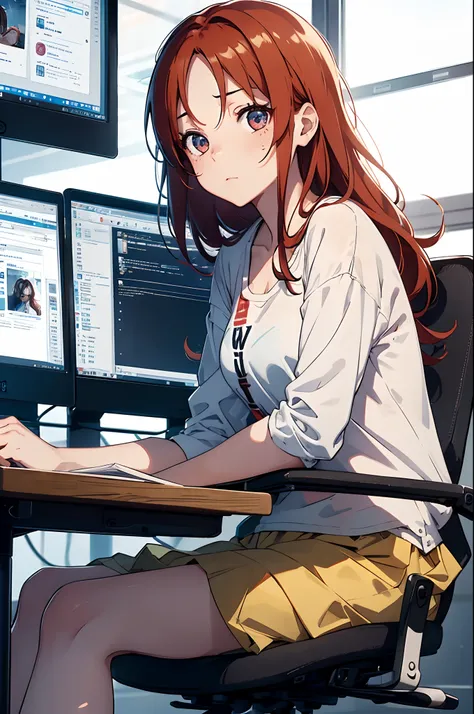 girl developer, tired, sitting at the table in front of the monitor, bruises under the eyes, redhead, tangled hair, office, late evening, the light from the monitor falls on her face