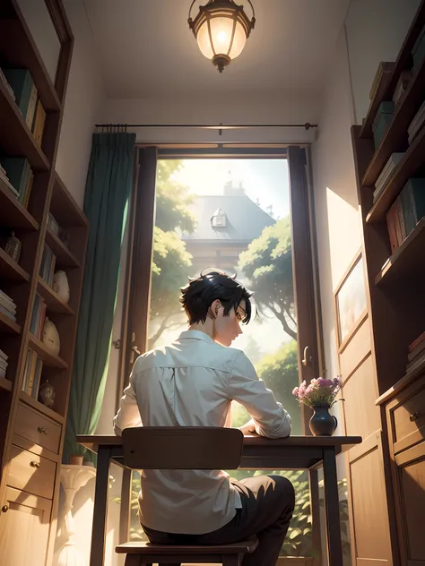 anime picture, bright colours, Pattern, pixiv, The Garden of Words, is beautiful, fairytale, mysteriously, Guy sitting on a chair at a table, visible legs, seen from behind, short black hair, facing away, reverie, Draws, Writes, A room with shelves, a tabl...