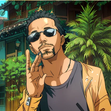 African man in a black leather jacket and sunglasses standing in front of a building, with a cool pose, stylish pose, mid shot portrait, casual pose, in style of davey adesida, 80s style anime.