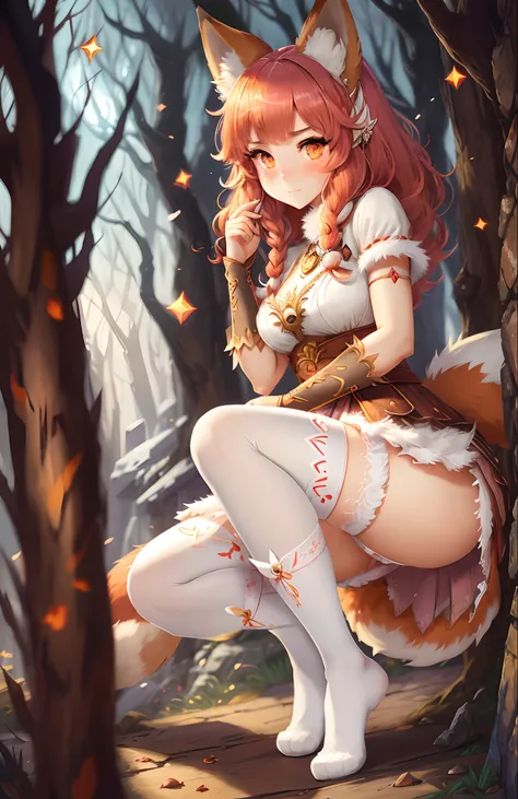 Beast-eared maiden，a skirt，Big furry tail，red fox，catss，adolable，mistic，Eyes，Naughty，inquisitive，hair adornments，gentleness，Naïve and lively，In particular，distinctive，Pure，vibrancy，Ancient style white stockings JK blush