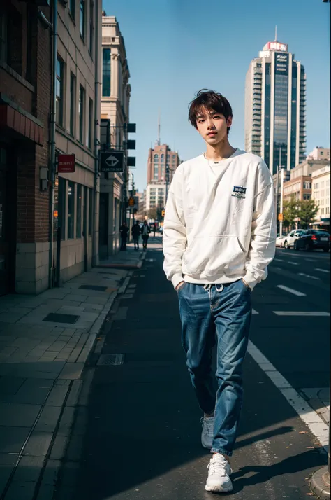 "Caucasian college student man in fashionable white sweatshirt、 FULL BODYSHOT、Americana、25-years old、Confront the vibrant cityscape against a backdrop of blurry buildings. 8K, A hyper-realistic, Photography, Soft lighting, Bright sky"