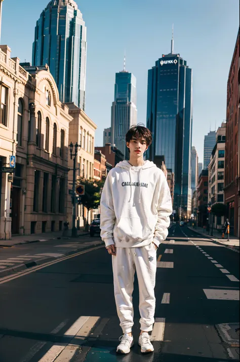 "Caucasian college student man in fashionable white sweatshirt、 FULL BODYSHOT、Americana、25-years old、Confront the vibrant cityscape against a backdrop of blurry buildings. 8K, A hyper-realistic, Photography, Soft lighting, Bright sky"