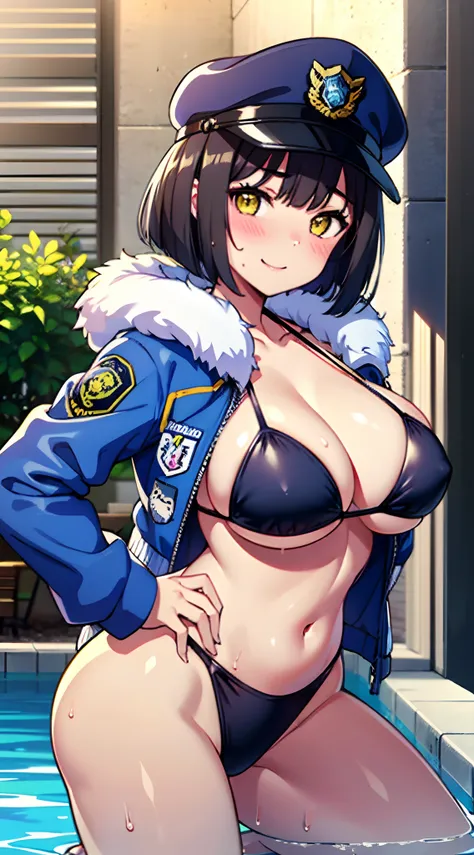 (Perfect body),Best Quality,(8K Portrait),(Official art)、((Police Woman)),(((Wink))),blush,Sweat,((large udder))、((( are protruding)))、(Dark hair),((bob cuts))、Yellow eyes,(thick thighs)、Adult Woman、Cowboy Shot、(Kneeling)、(A smile)、(Holding a pistol in his...