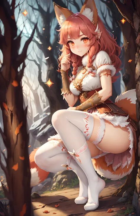 Beast-eared maiden，a skirt，Big furry tail，red fox，catss，adolable，mistic，Eyes，Naughty，inquisitive，hair adornments，gentleness，Naïve and lively，In particular，distinctive，Pure，vibrancy，Antique white stockings JK blush Spread your legs apart