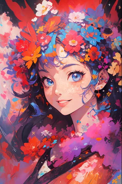 ((flowercrown)),Contemporary art created by tracing traces of colorful ink、​masterpiece、ultra-detailliert、pop-art、innocent smiles、eye glass、(1 girl, Solo:1.6),(Cute smile), (Best Impact:1.5), (maximalism:1.7), Vivid contrast, (Realistic), hyperrealistic il...