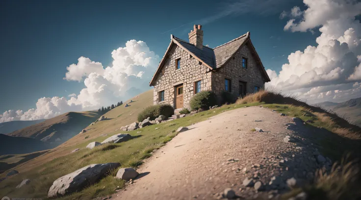 Very realistic photo with focus from the ground looking up from a {high peak} and a small stone house up there.