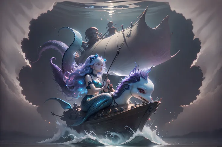 mermaid riding a squid, sunken ship --auto --s2