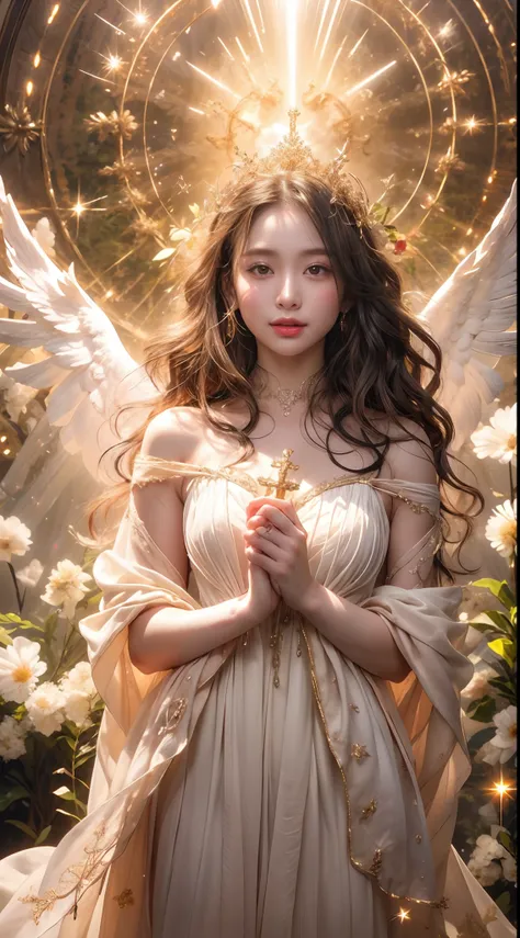 imagine the breathtaking sight of a golden-haired angelic girl with pristine white wings, standing before you in her all-day cel...