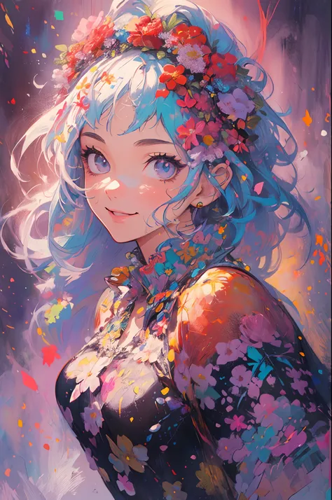 ((flowercrown)),Contemporary art created by tracing traces of colorful ink、​masterpiece、ultra-detailliert、pop-art、innocent smiles、eye glass、(1 girl, Solo:1.6),(Cute smile), (Best Impact:1.5), (maximalism:1.7), Vivid contrast, (Realistic), hyperrealistic il...