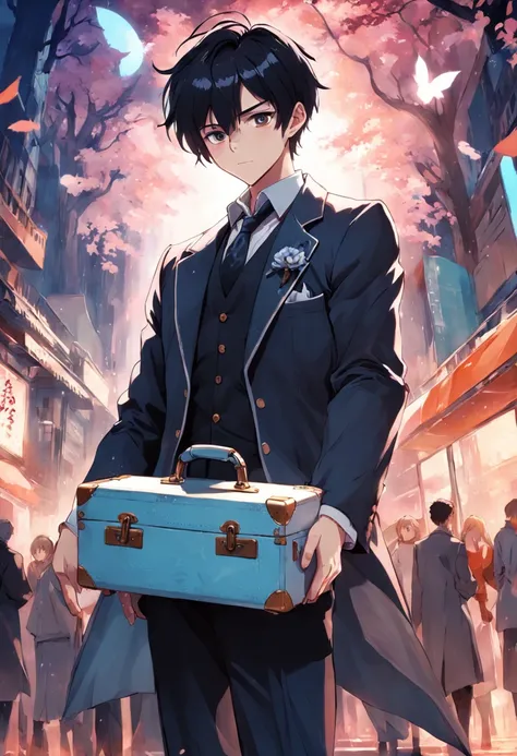 quadratic element，English gentleman，A young man with black hair and black eyes，Character art portrait，Holding a silver-white suitcase in his hand