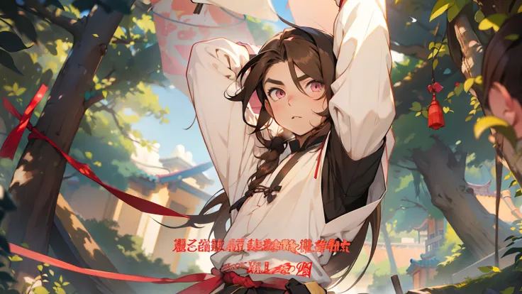 poneyTail、long brown hair、dark pink eyes、thick eyebrow、well-muscled、Two-dimensional manga boy Shota, brown haired, Dark blue Chinese style clothing、shortsleeves、White hooded haori without sleeves