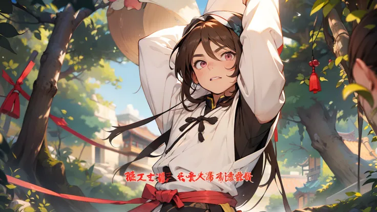 poneyTail、long brown hair、dark pink eyes、thick eyebrow、well-muscled、Two-dimensional manga boy Shota, brown haired, Dark blue Chinese style clothing、shortsleeves、White hooded haori without sleeves