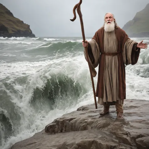 Craft a photorealistic scene portraying the biblical account of Noah parting the sea using a staff. Depict Noah standing at the waters edge, holding a staff high above his head, as towering waves split apart on either side of him. Capture the immense scale...