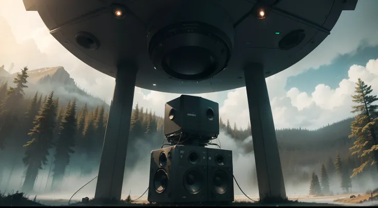 Giant remote sonic emission amplification speaker installation，3 sets neatly arranged，The elbow harness is connected to the controller，Wilderness mist background，Cinematic texture，Ultra photo realsisim