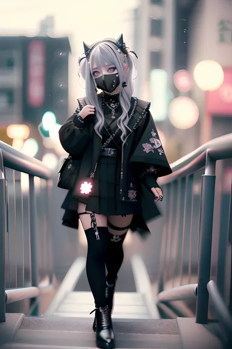 goth_punk, 1girl in, 独奏, medium shot, Walking in Harajuku, ((during night)), bokeh dof, Neon light, Iridescent eyes, starrysky, Pink shiny hair, White eyebrows, Radiant hair, (iridescent white hair), 耳Nipple Ring, bangss, jewely, masks, bluntbangs, verd s ...