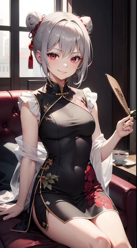 young girl, short gray hair, hair in a bun, red-eyes, smirk, grey chinese dress, translucent, fan, smirk, Sits, Masterpiece, hiquality